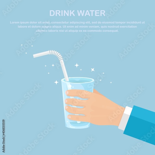 Man hold glass with clean water and straw in hand. Vector illustration