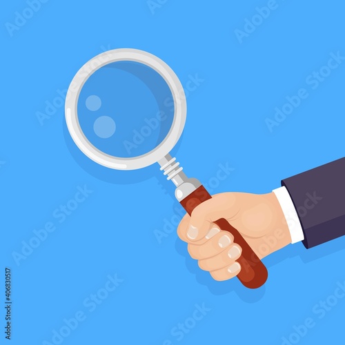 Magnifying glass, loupe in hand isolated on background. Business man hold magnify. Vector illustration