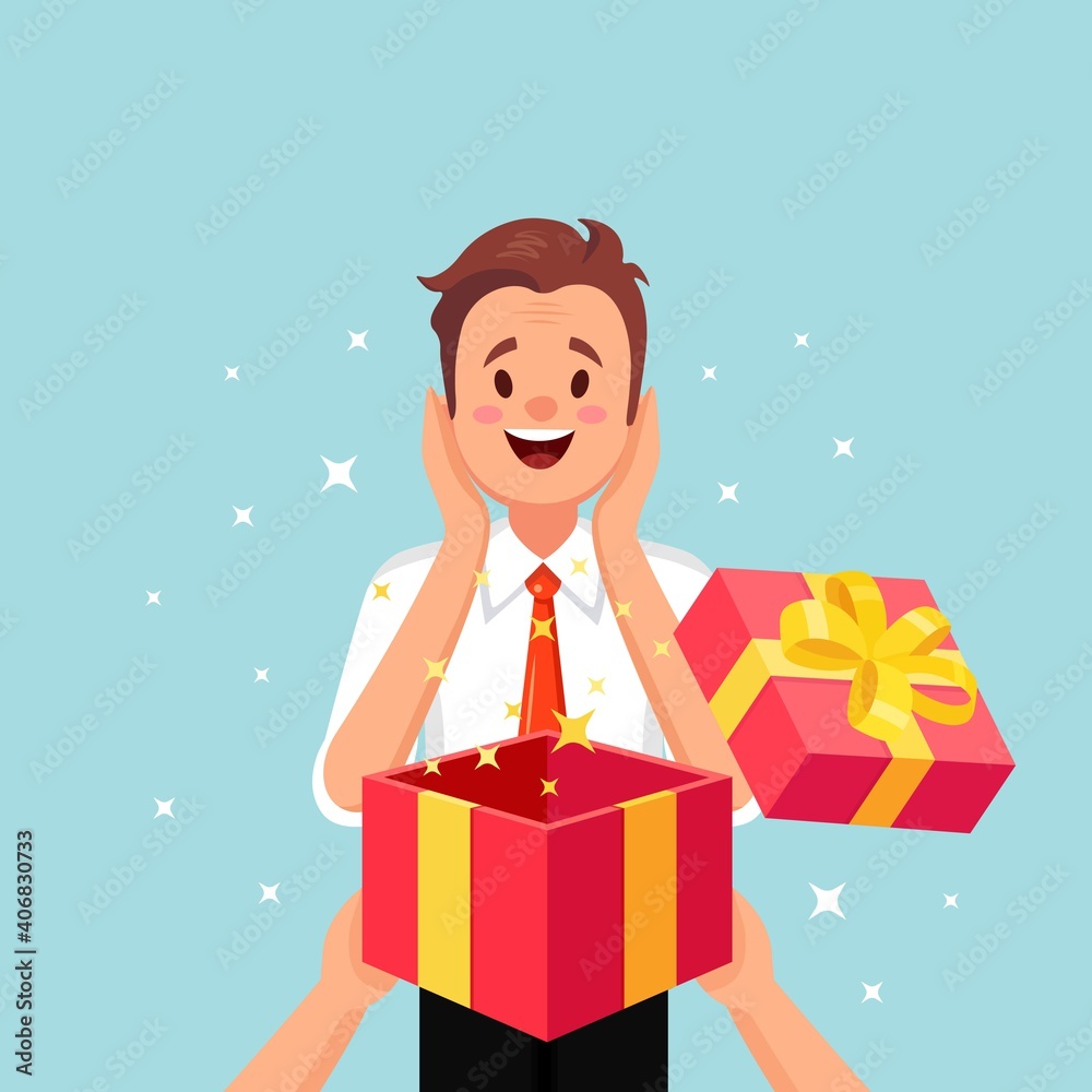 Surprised happy man with open gift. Vector illustration Surprised happy man with open gift. Vector illustration