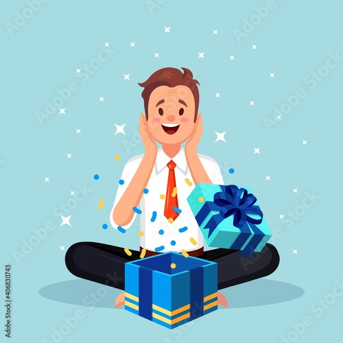 Surprised happy man with open gift. Vector illustration