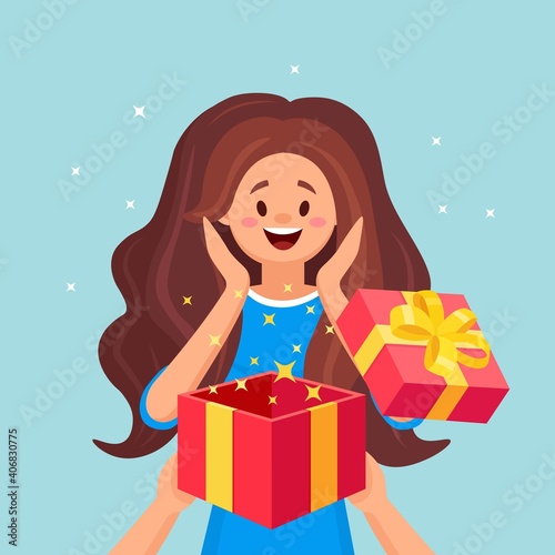 Surprised happy woman with open gift box. Vector illustration
