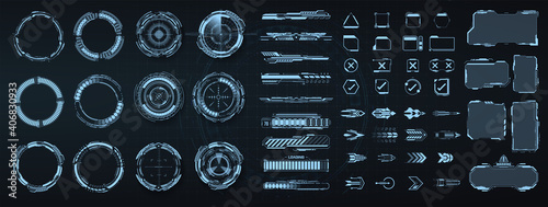 Circle Abstract digital technology UI, UX Futuristic HUD, FUI, Virtual Interface. Callouts titles and frame in Sci- Fi style. Bar labels, info call box bars. UI, UX, KIT game design elements. Vector