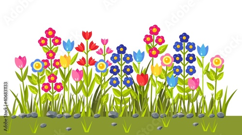 Flowers field with colorful blossom. Green grass border. Spring scene. Vector illustration
