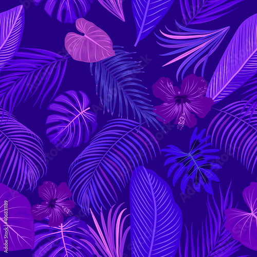 Tropical jungle vector seamless pattern with palm tree leaves