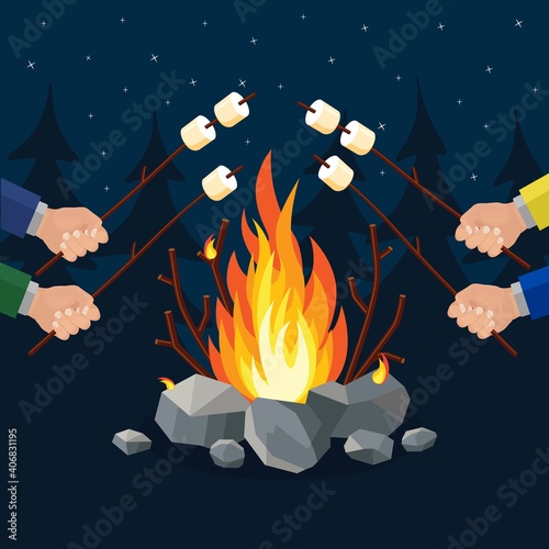 Bonfire and roasting marshmallow. Campfire at night. Vector illustration