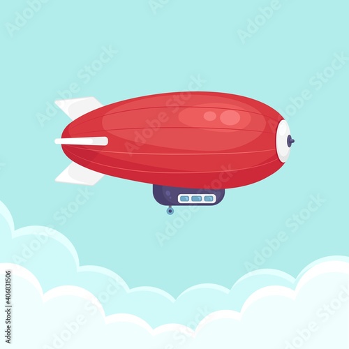 Dirigible flying in blue sky with clouds. Vintage airship, zeppelin. Travel by blimp. Vector illustration
