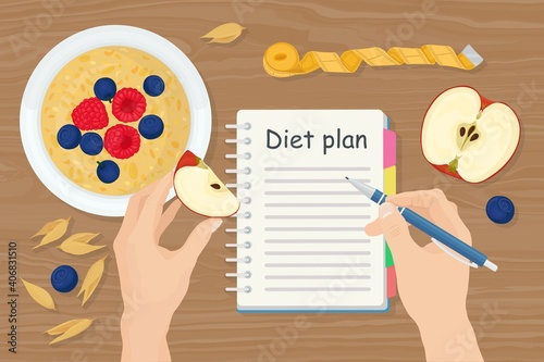 Weight loss banner with porridge, berry, apple. Man creating diet plan in a notebook. Healthy eating, dieting. Vector illustration