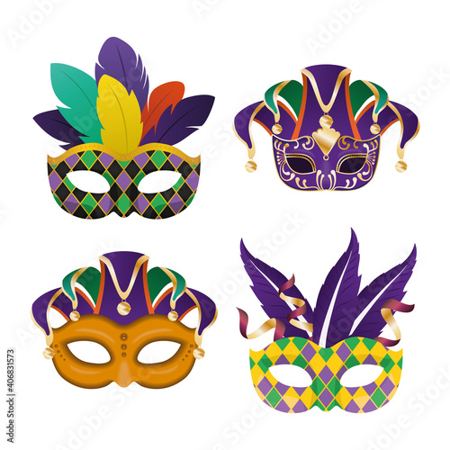 mardi gras masks with feathers icon set vector design