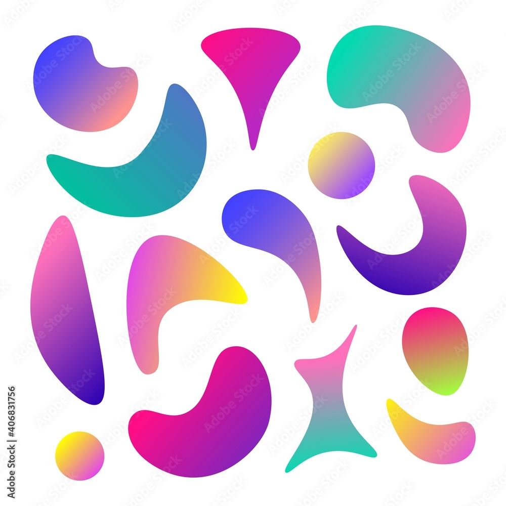Set elements of holographic chameleon colors. Colorful fluid paint design, modern abstract pattern. Vector illustration