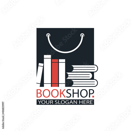 book store emblem with books and package isolated on white background