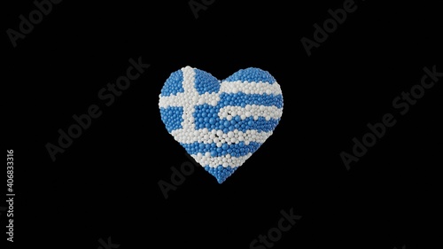 Greece National Day. March 25. Independence Day. Heart shape made out of shiny sphere on black background. 3D rendering.