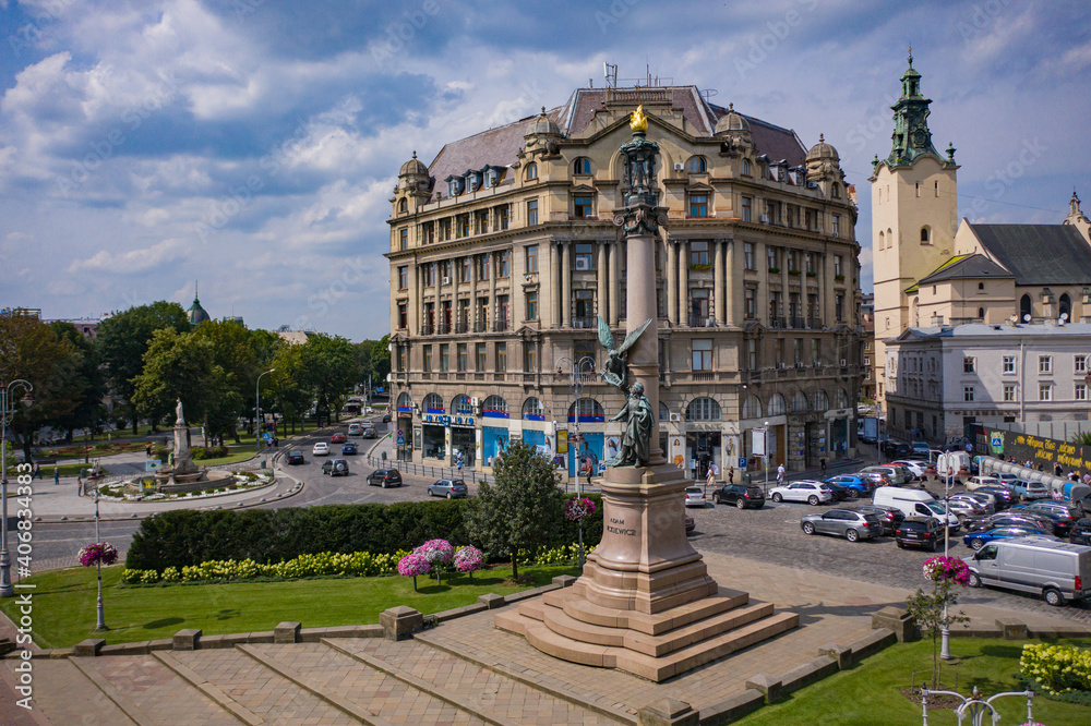 Aerial view on Monument to Adam Mickiewicz in Lviv, Ukraine from drone