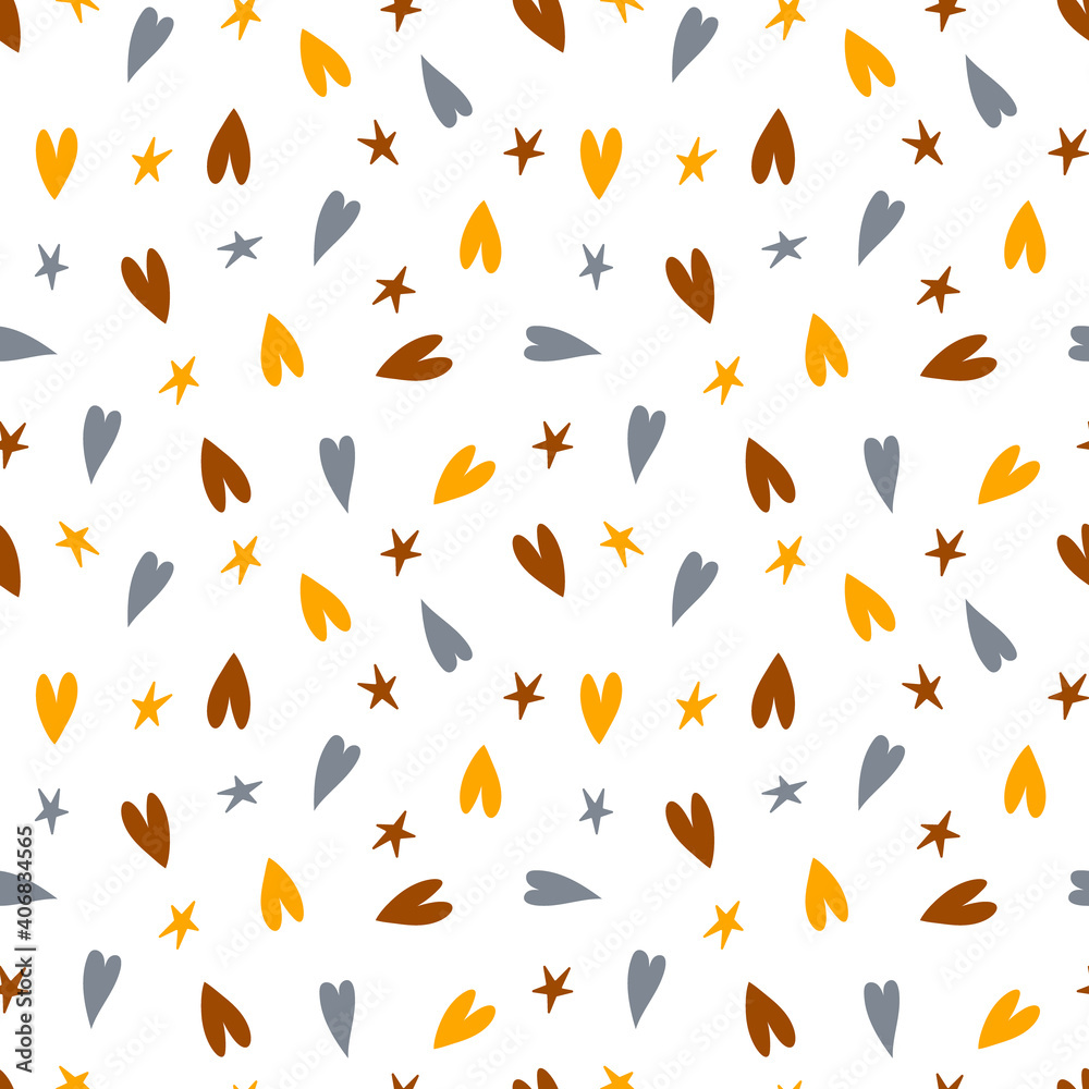 Cute seamless pattern with repeated hearts and stars. Trendy texture with a jumble of hearts. Flat design endless chaotic texture of tiny hearts. Endless romantic or for children print. Vector Cute seamless pattern with repeated hearts and stars. Trendy texture with a jumble of hearts. Flat design endless chaotic texture of tiny hearts. Endless romantic or for children print. Vector