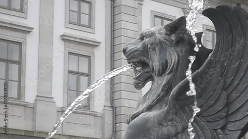 Fountain in the shape of a lion throwing water. Stone fountain in slow motion.