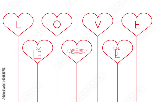 Cute flat illustration with hearts mask and sanitizer around the inscription love on a white background. Happy Valentine's day greeting card design. Concept of safe love during covid 19.