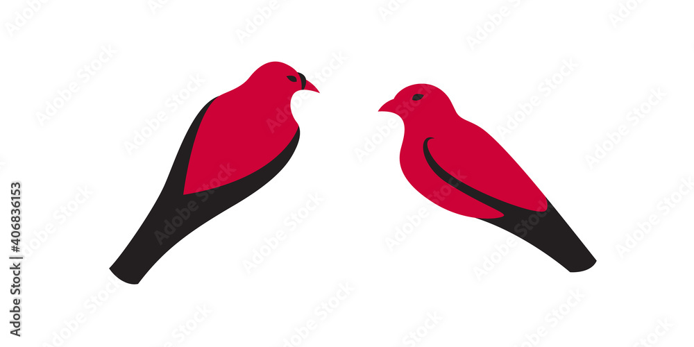 Fototapeta premium Two birds. Vector black and red animal illustration, simple graphic silhouette for logo isolated on white background