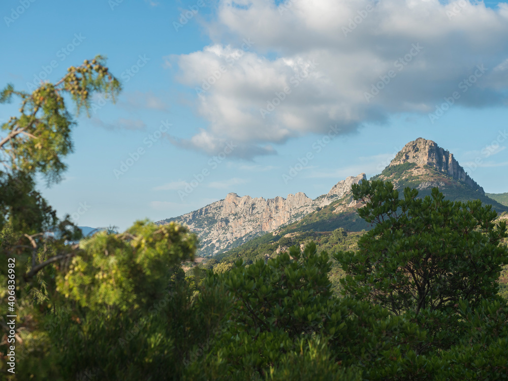 View of limestone mountain Monte Oseli over green tree forest in Ogliastra, Urzulei, Sardinia, Italy. Summer, blue sky, white clouds