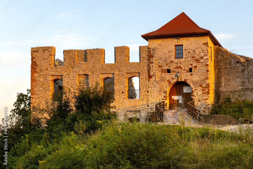 Panoramic view of medieval royal Rabsztyn Castle ruins under renovation in Rabsztyn, Lesser Poland