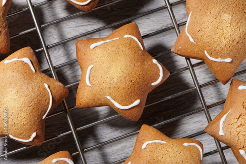 Freshly baked star shaped ginder cookies on cooling rack photo