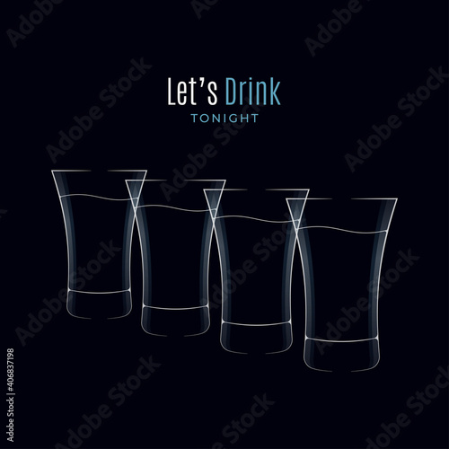 Vodka glass logo. Many shots of vodka on black