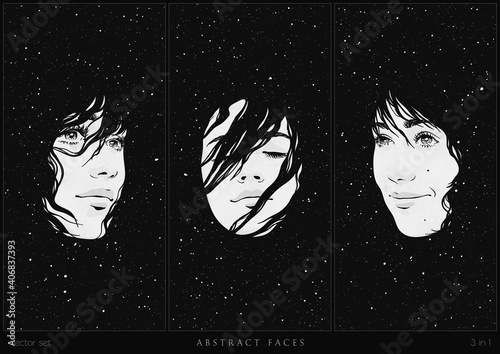 Woman in space. Night starry sky. Black white vertical background set