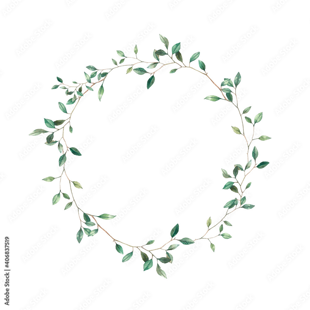 Watercolor spring style plants wreath. Hand drawn botanical frame isolated on white background. Branch with leaves