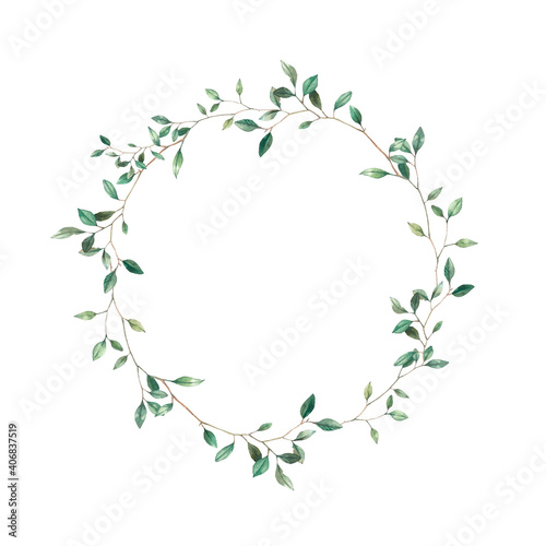 Watercolor spring style plants wreath. Hand drawn botanical frame isolated on white background. Branch with leaves