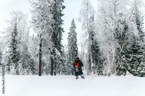 Person travels with a backpack. Winter hike in the forest. Tourist on a walk in the snow-covered forest