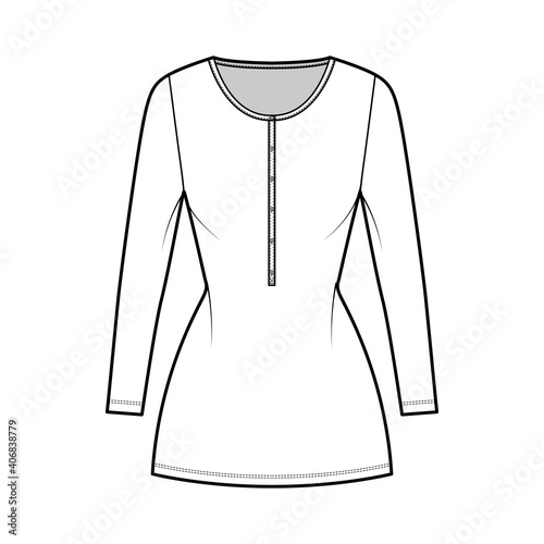 Shirt dress mini technical fashion illustration with henley neck, long sleeves, fitted body, Pencil fullness, stretch jersey. Flat apparel template front, white color. Women, men, unisex CAD mockup