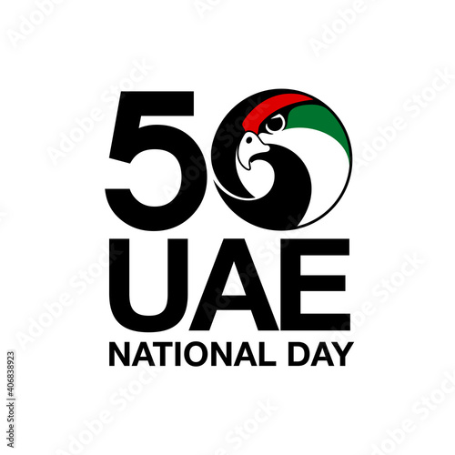 illustration banner 50 UAE national day symbol with falcon head icon in the flag colors. Spirit of the union United Arab Emirates 50 National day banner. 2 December Anniversary Celebration Card 2021