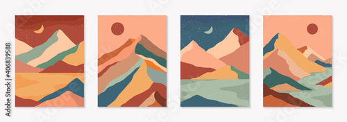 Set of creative abstract mountain landscape and mountain range backgrounds.Mid century modern vector illustrations with hand drawn mountains,sea or lake,sky,sun and moon.Trendy contemporary design.