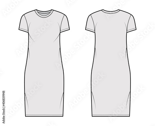 T-shirt dress technical fashion illustration with crew neck, short sleeves, knee length, oversized, Pencil fullness. Flat apparel template front, back, grey color. Women, men, unisex CAD mockup