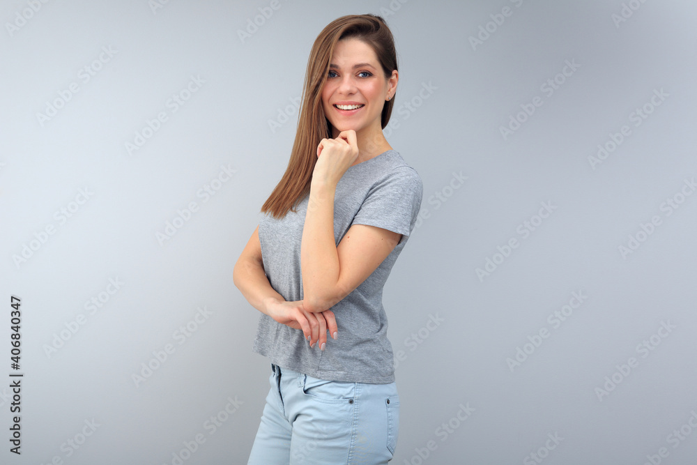 Smiling woman wearing gray casual clothes.