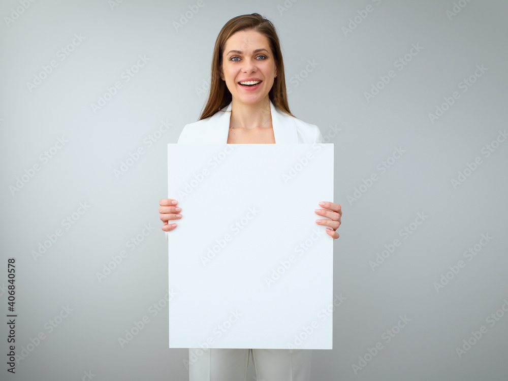 Buisness woman holding white empty banner. Buisness woman holding white empty banner.