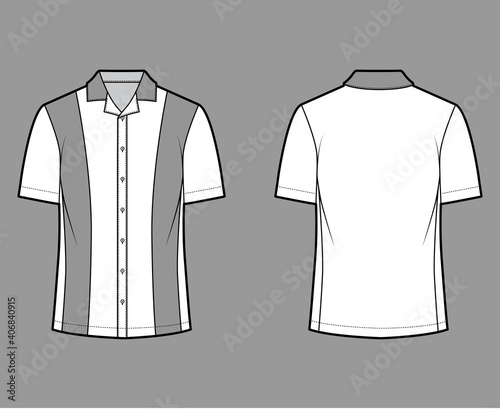 Shirt bowling technical fashion illustration with short sleeves, open collar, tunic length, oversized uniform. Flat apparel top template front, back, white, grey color. Women men unisex CAD mockup