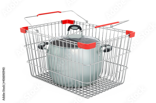Stainless steel stock pot with glass cover inside shopping basket, 3D rendering