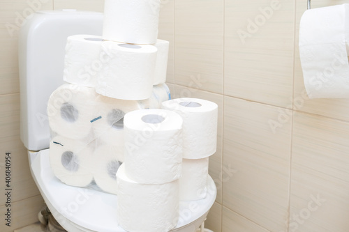 Many toilet paper rolls at home of hoarder, buying too much of hygienic means during pandemia