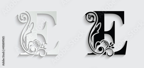 letter E. flower letters. Vintage ornament initial Alphabet. Logo vector	
