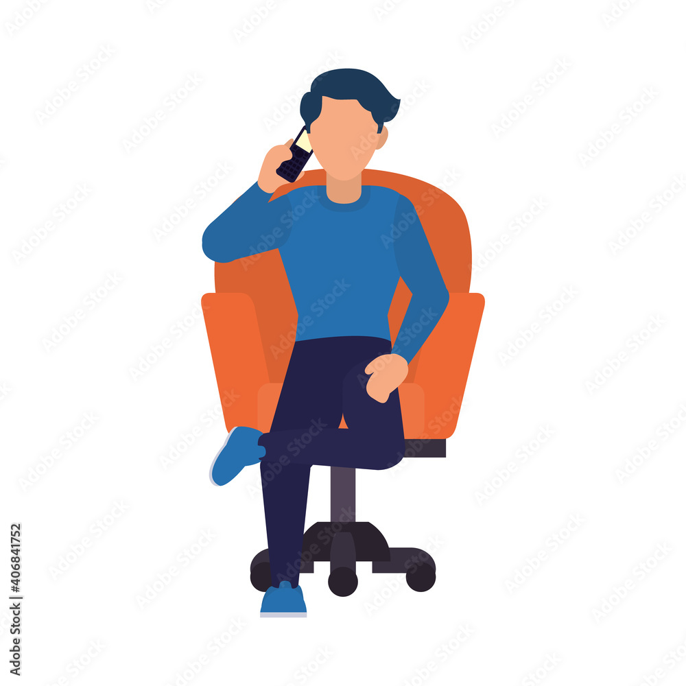 cartoon man with a cellphone and sitting on a orange desk chair, flat style cartoon man with a cellphone and sitting on a orange desk chair, flat style