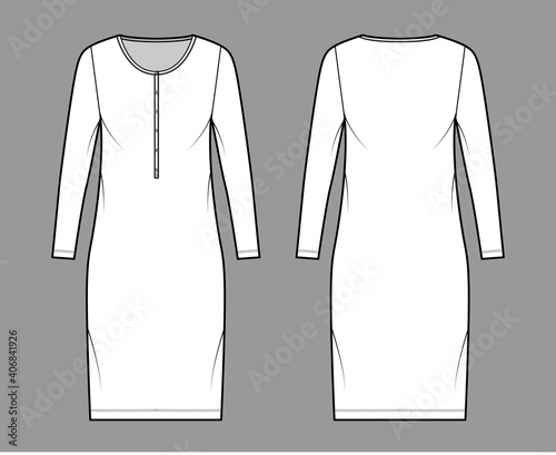 Shirt dress technical fashion illustration with henley neck, long sleeves, knee length, oversized, Pencil fullness. Flat apparel template front, back, white color. Women, men, unisex CAD mockup