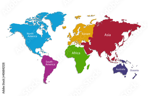 World continents map  separate individual continent with names  color map isolated on white background vector