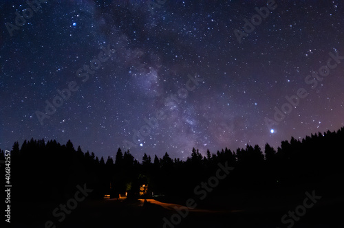 Beautiful night sky over the forest, Moravian-Silesian Beskids, Milky way in the mountains. Lanscape from the nature, Czech Republic