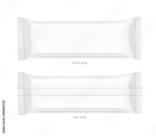 Set of hight realistic flow packaging mockups. Front and rear side. Vector illustration isolated on white background. Can be use for your design, promo, adv and etc.	