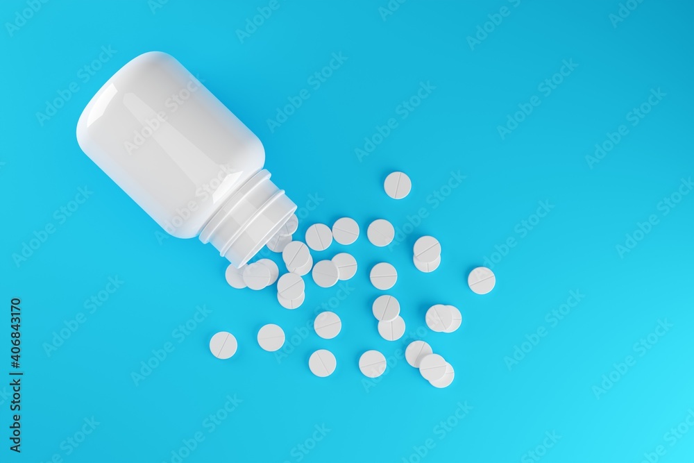White pill tablets with white pill bottle over blue background, medical treatment, pharmaceutical or medication concept, flat lay top view from above White pill tablets with white pill bottle over blue background, medical treatment, pharmaceutical or medication concept, flat lay top view from above