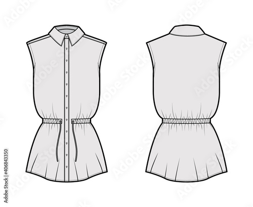Shirt drawstring gathered waist technical fashion illustration with tie, sleeveless, tunic length, classic collar. Flat apparel top outwear template front, back grey color. Women men unisex CAD mockup