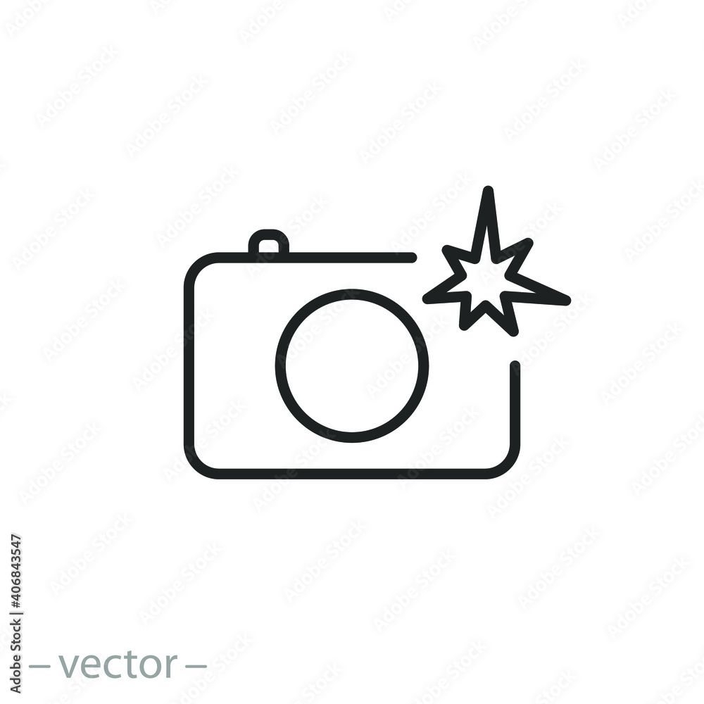 camera with flash icon, photo shot light, professional paparazzi concept, photography process, thin line symbol on white background - editable stroke vector illustration eps10
