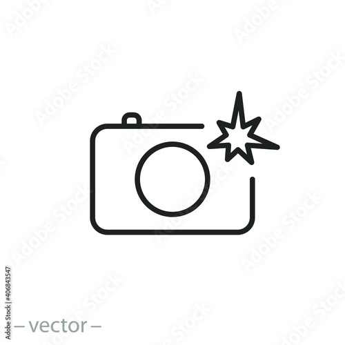 camera with flash icon, photo shot light, professional paparazzi concept, photography process, thin line symbol on white background - editable stroke vector illustration eps10
