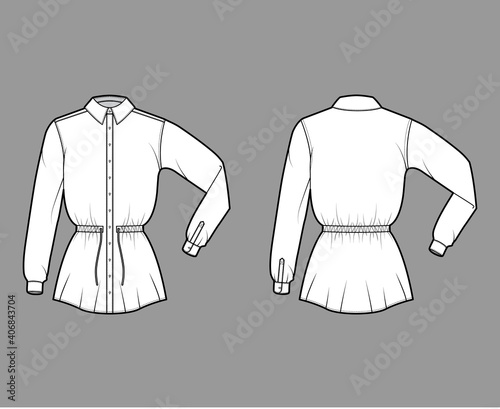 Shirt drawstring gathered waist technical fashion illustration with tie, folded long sleeves, tunic length. Flat apparel top outwear template front, back, white color. Women men unisex CAD mockup
