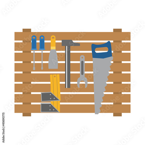 wooden stand with construction tools, flat style