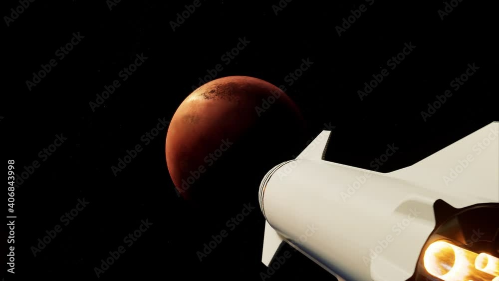 Rocket Starship launch to Mars. Futuristic heavy spaceship in space. Engine exhaust. Close up. 
